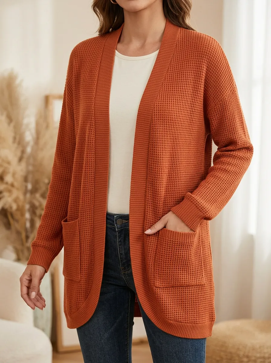 Layered Waffle-Knit Open-Front Knit Cardigan