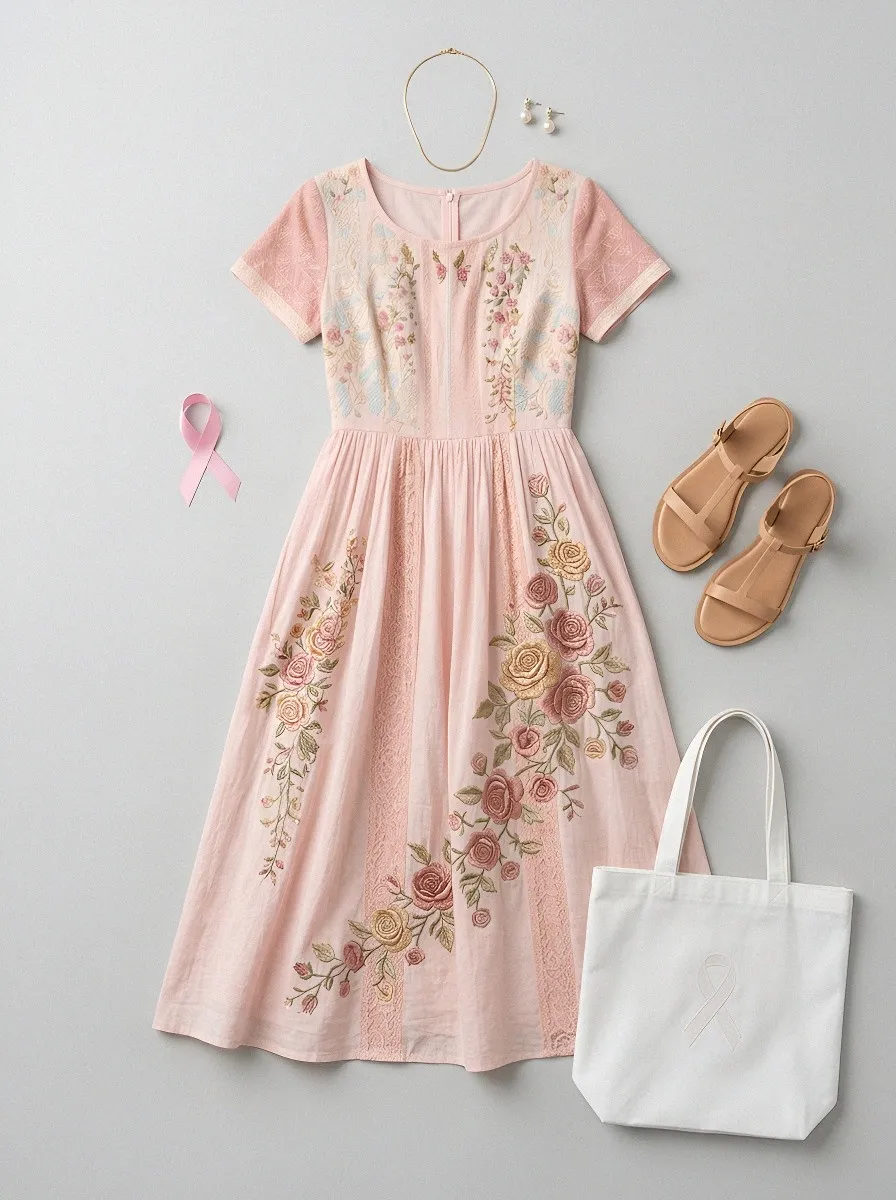 Women's Breast Cancer Awareness Rose Floral Embroidered Printed Dress
