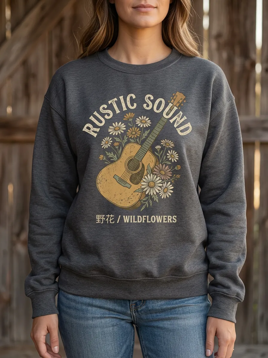 Country Music Acoustic Guitar Wildflowers Crew Neck Sweatshirt