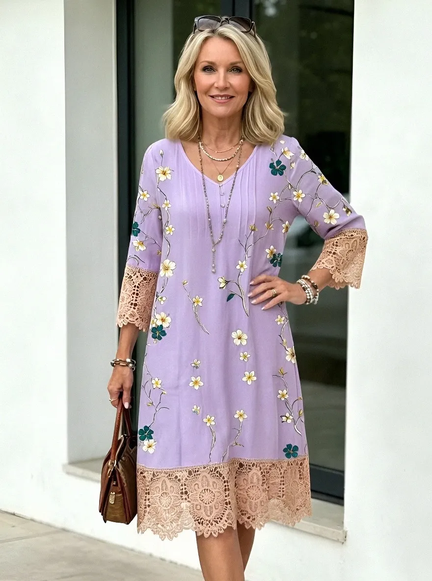 Women's Summer Vacation Floral Embroidery Lace Trim Printed Dress