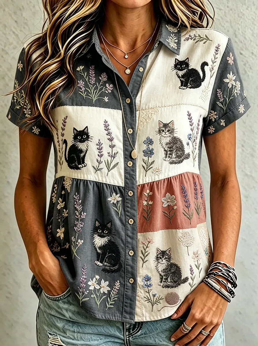 Women's Cat Lover Floral Patchwork Embroidered Cotton Linen Shirt