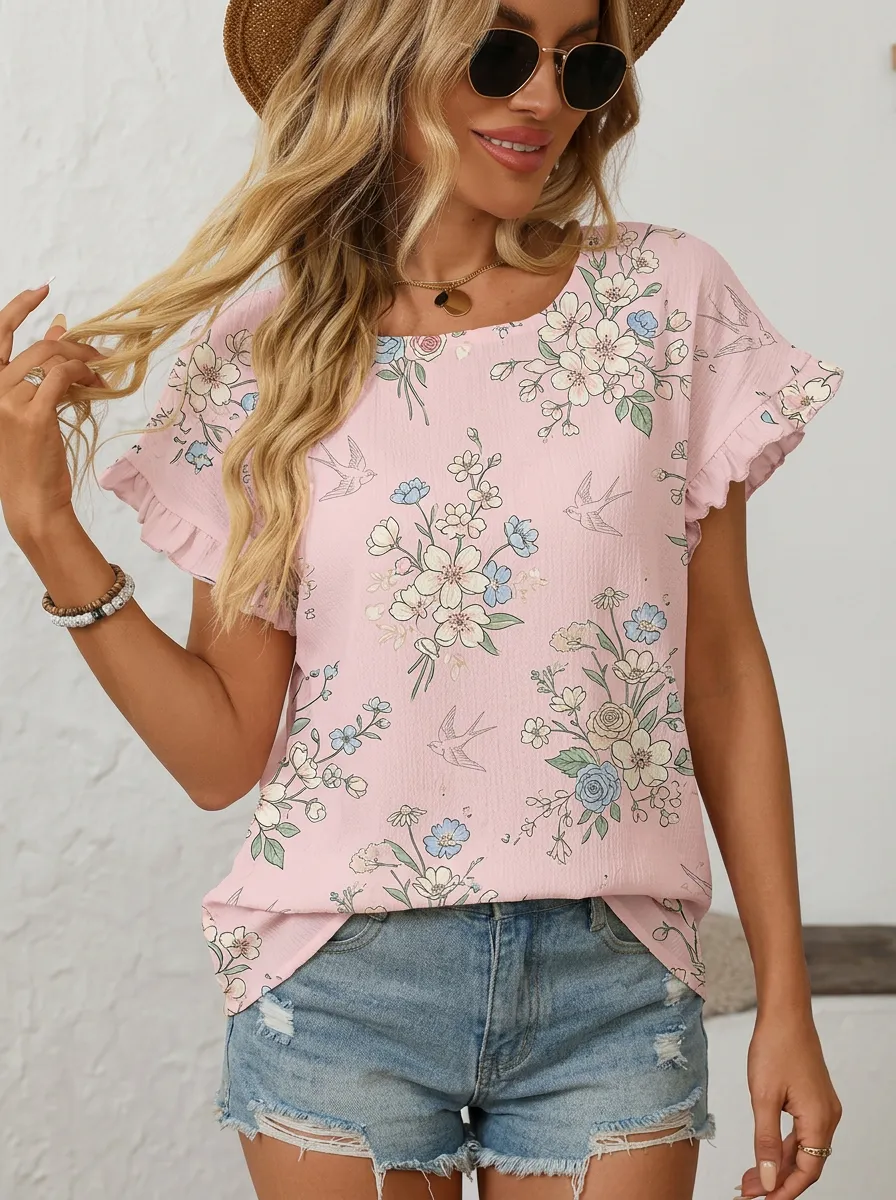 Bird Nature Ruffle Women's Loose Printed Blouse