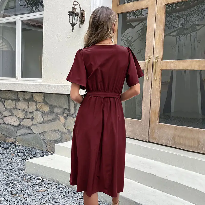 Women's Wrap V-Neck Belted Dress