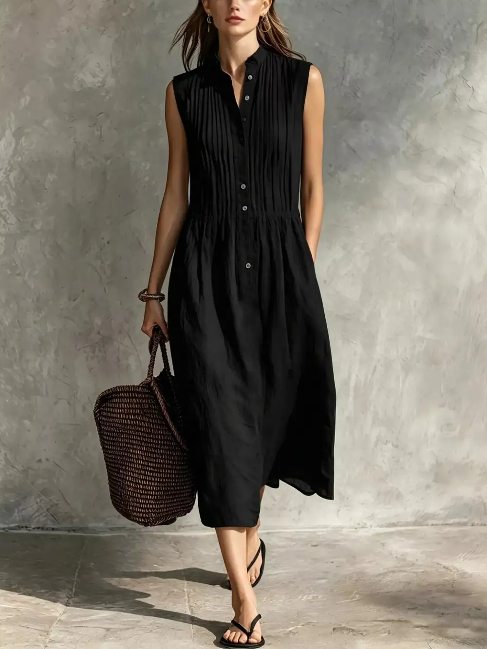 Sleeveless Button Front Midi Dress