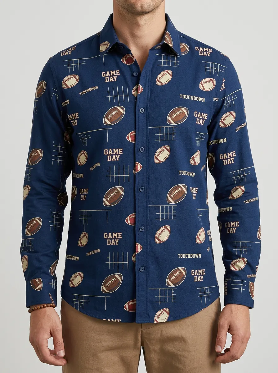 Men's Everyday American Football Game Day Touchdown Printed Button-Down Shirt