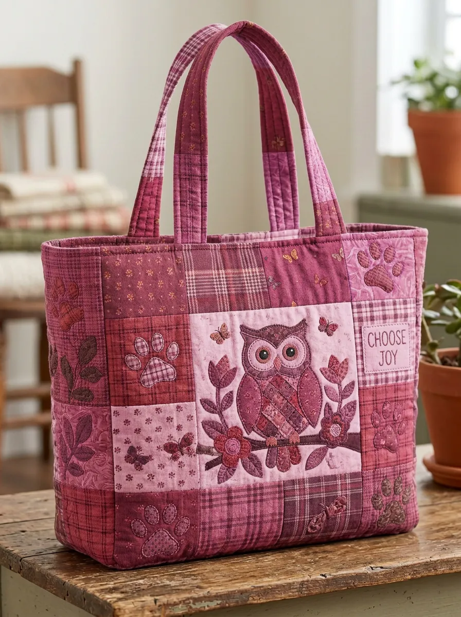 Owl Lover Patchwork Paw Print Printed Tote Bag