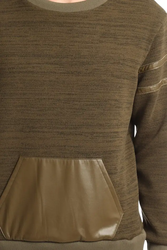 Crewneck Fleece Leather Sweater