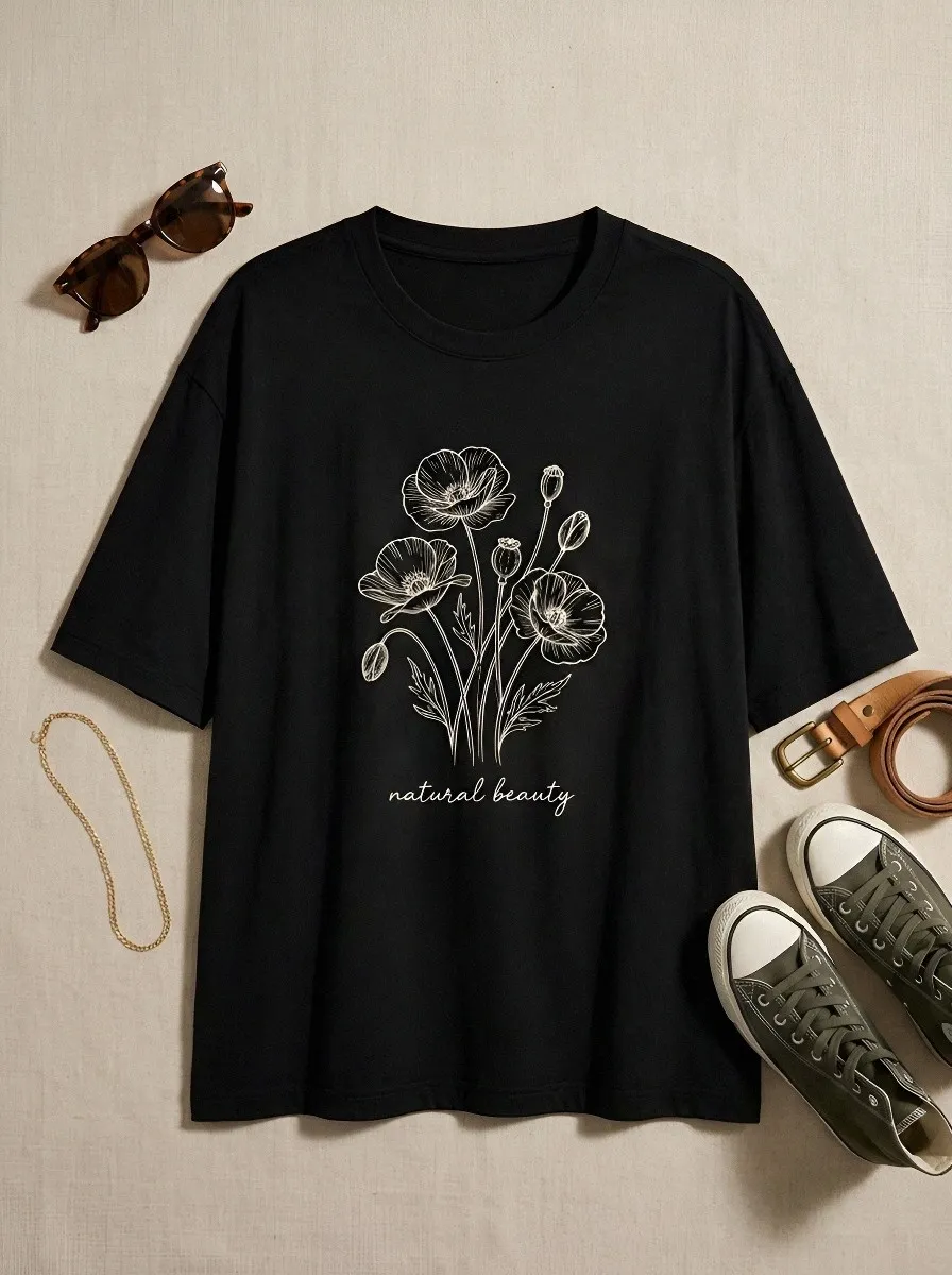 Women's Botanical Nature Lover Poppy Flower Printed T-shirt
