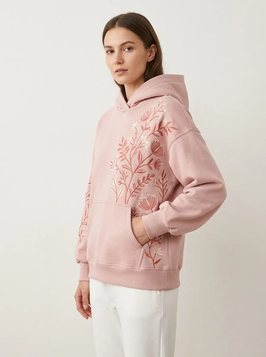 Women's Floral Nature Lover Embroidered Pink Printed Hoodie