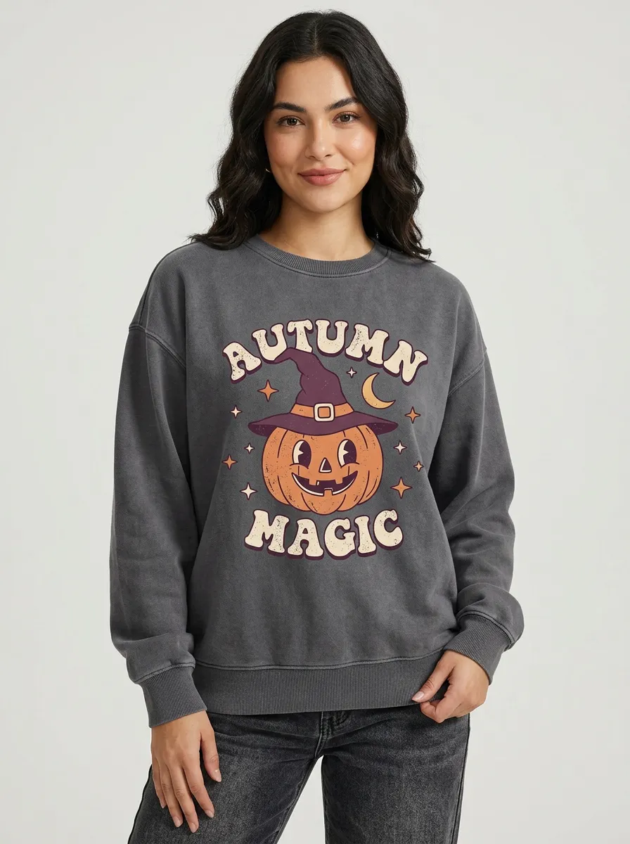 Women's Halloween Autumn Magic Pumpkin Witch Hat Printed Sweatshirt