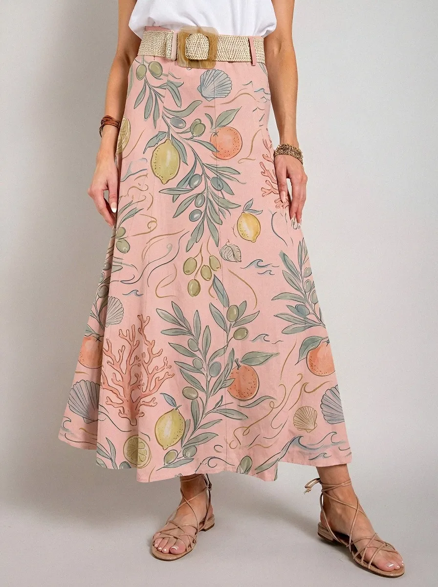Women's Mediterranean Fruit Coral Shell Printed Maxi Skirt