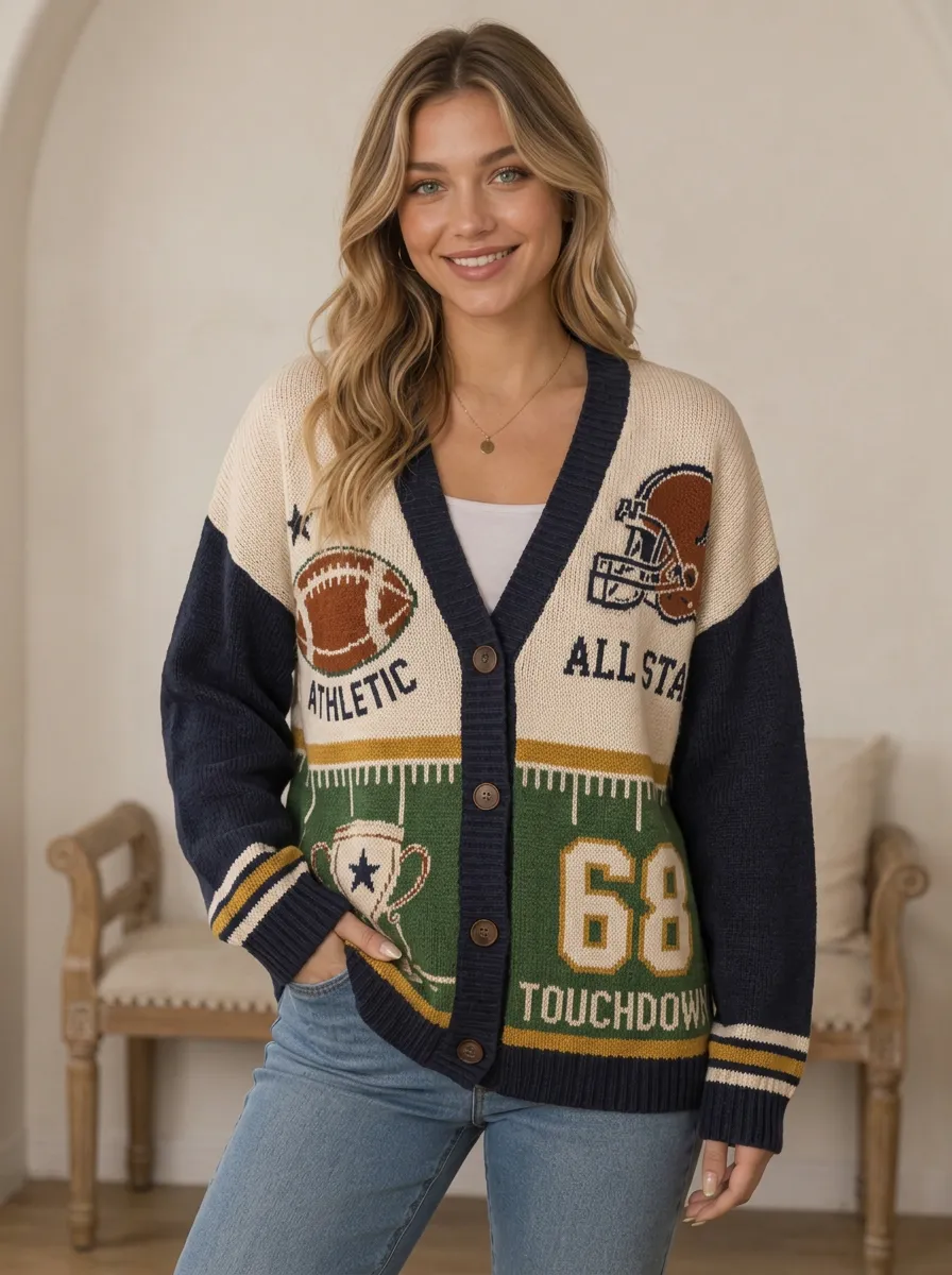 Women's Classic Football Ball Star Knitted Cardigan