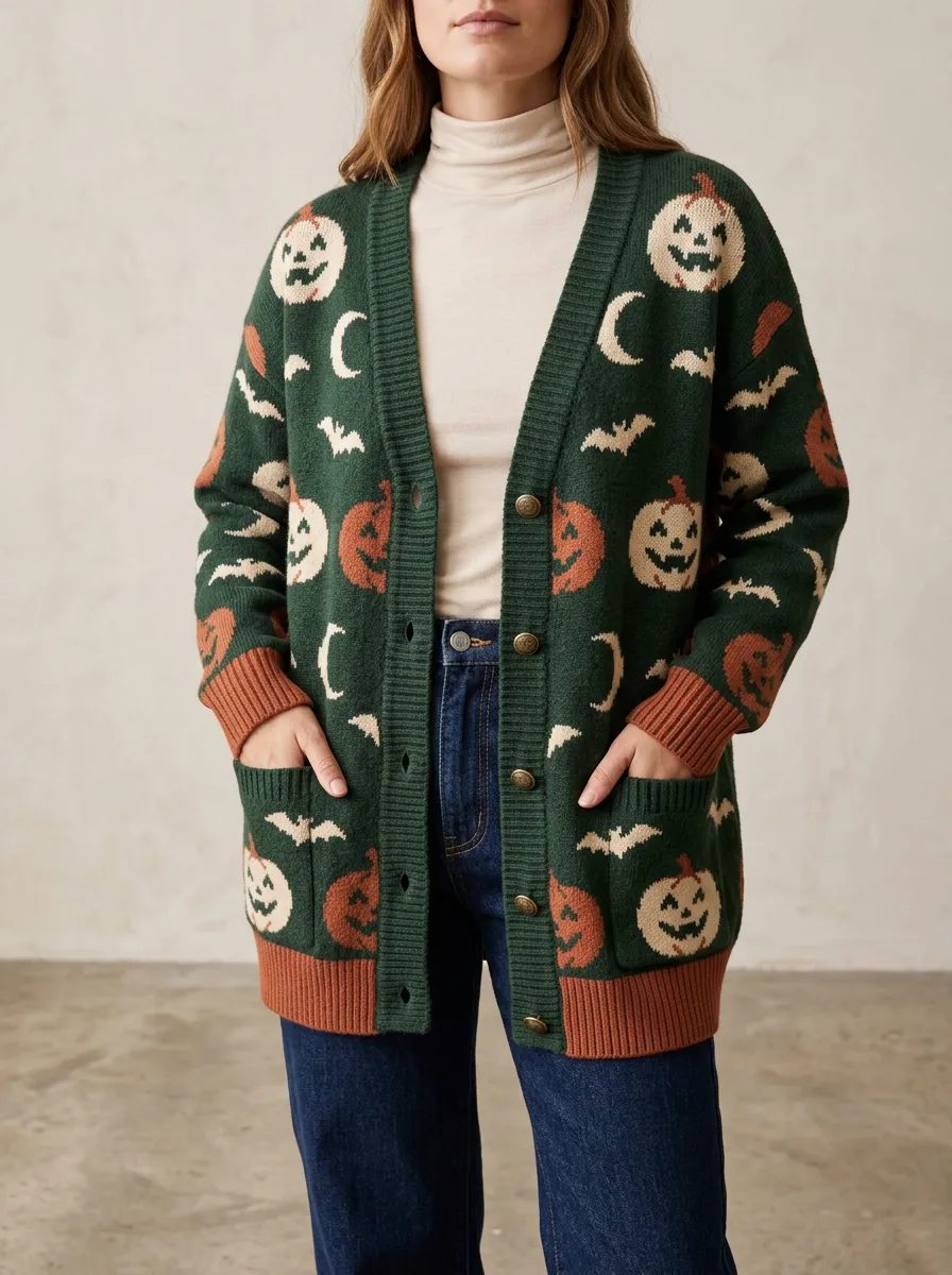 Women's Halloween Pumpkin Bat Moon Pattern Printed Cardigan