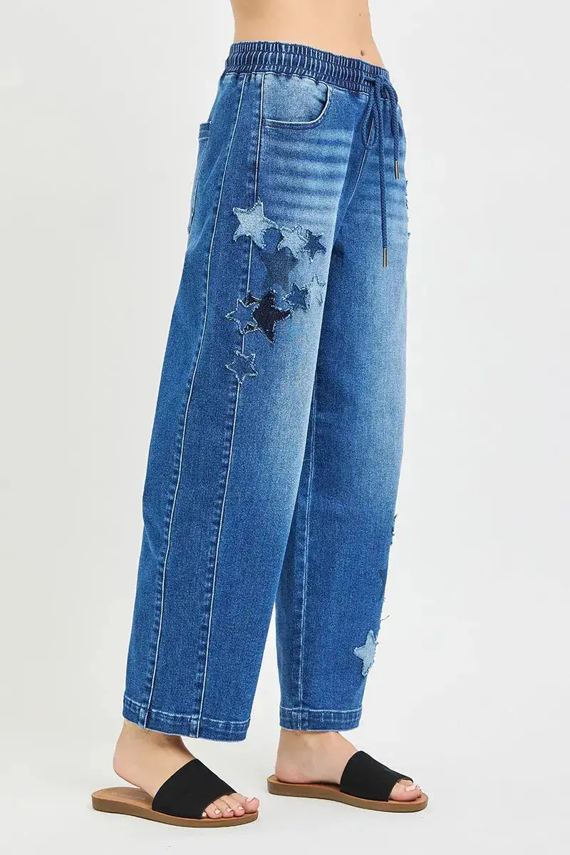 Barrel Leg Cropped Elastic Waist Drawstring Pocketed Denim Jeans