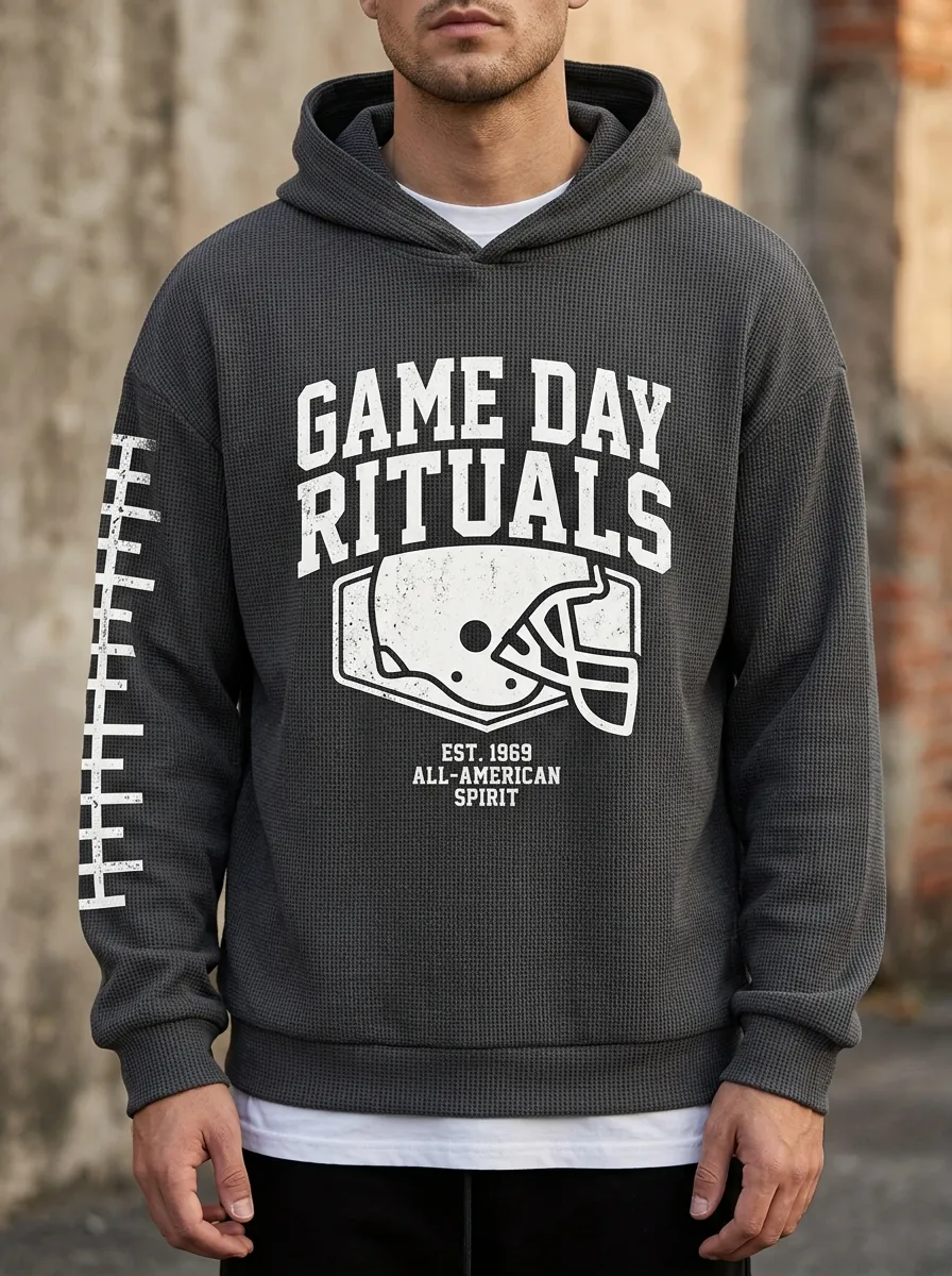 Men's American Football Game Day Rituals Helmet Printed Waffle Hoodie