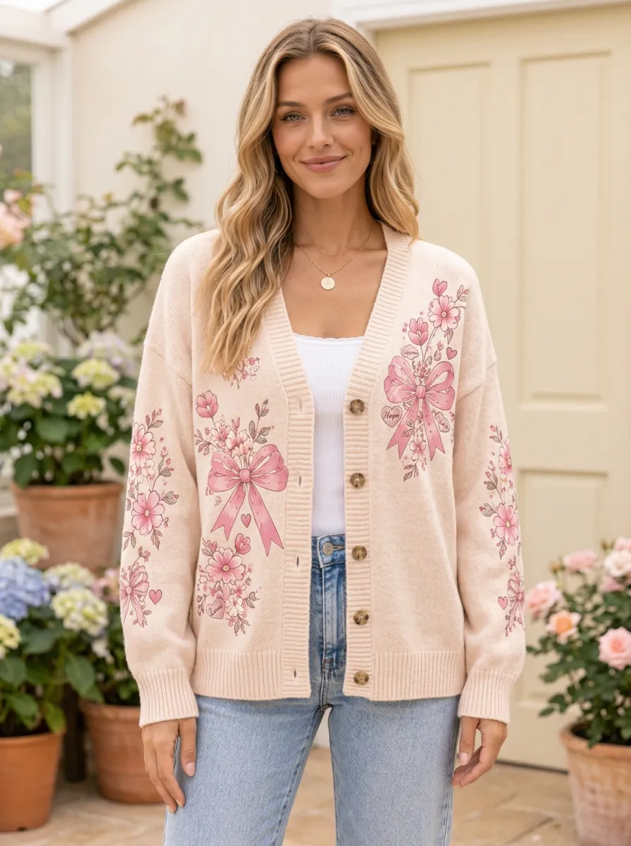 Women's Romantic Floral Ribbon Bow Romantic Printed Cardigan