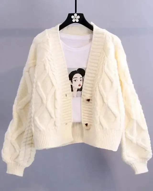 Modern Acrylic-Blend Polyester-Blend Button-Front V-Neck Cardigan