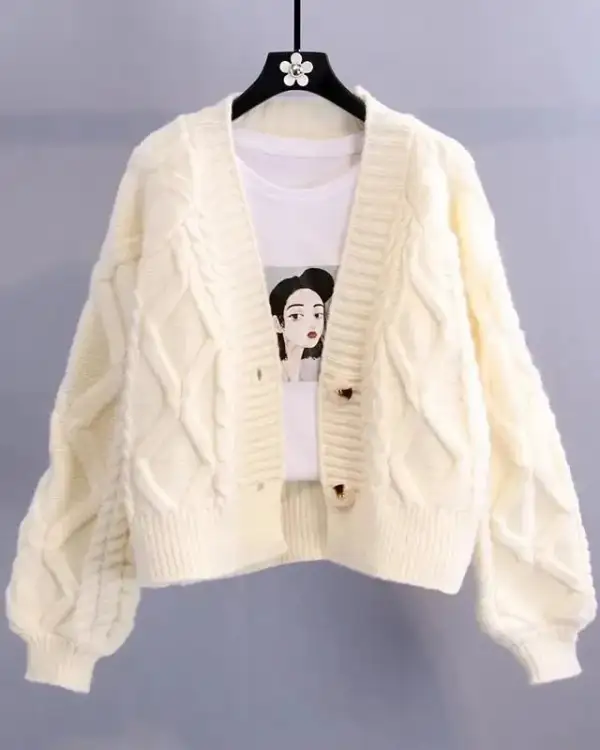 Modern Acrylic-Blend Polyester-Blend Button-Front V-Neck Cardigan