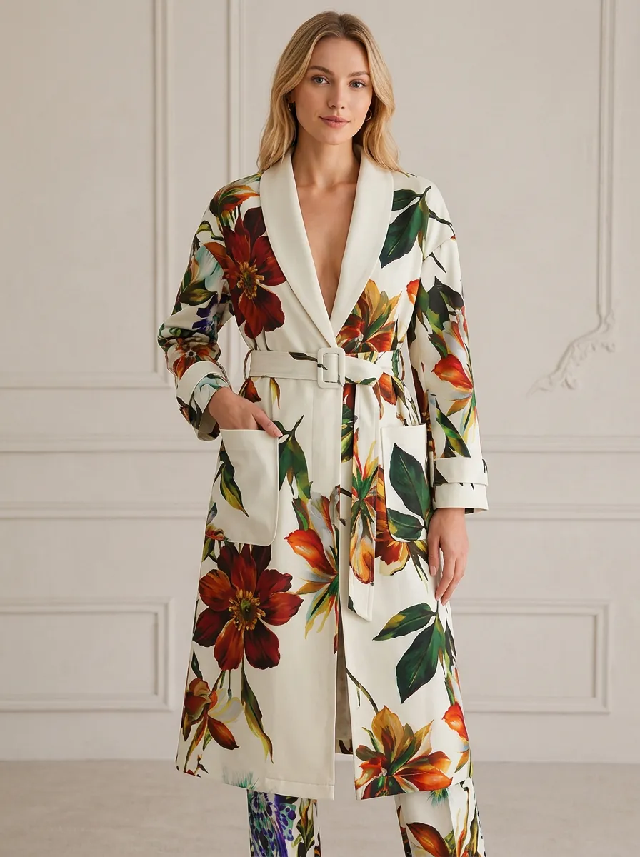 Women's Floral Lover Botanical Flower Printed Trench Coat