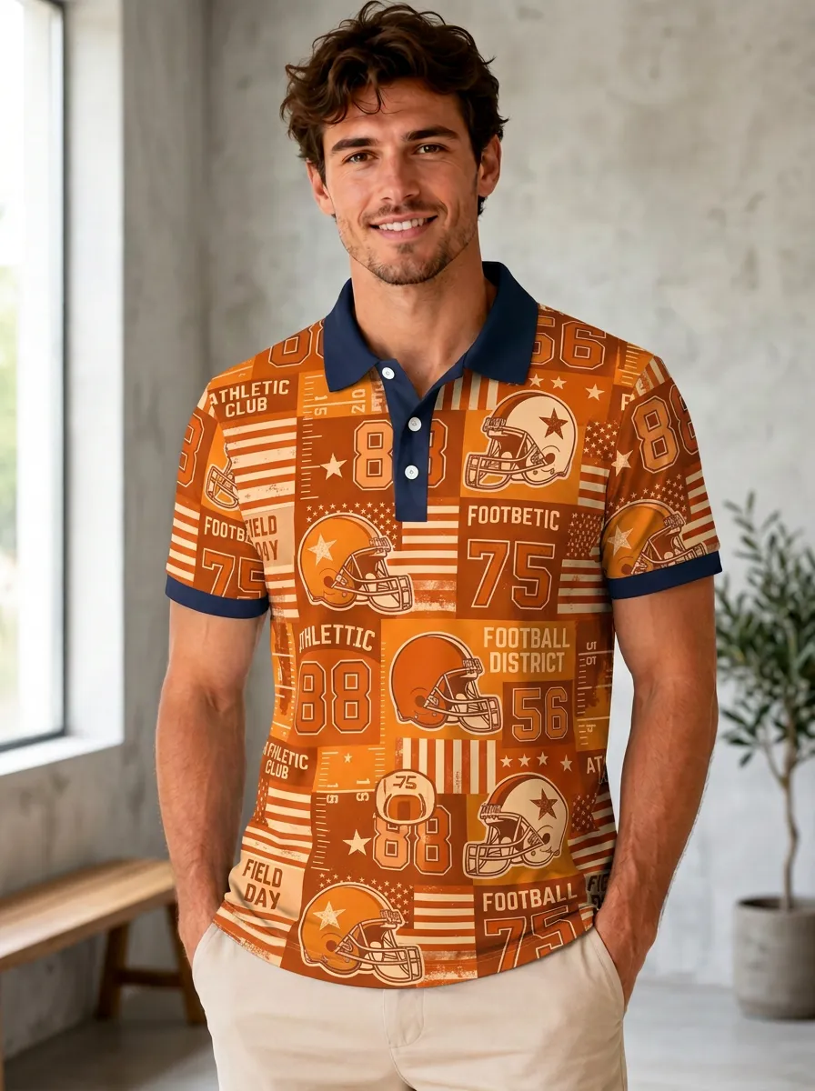 Men's Retro Gridiron Helmet Flag Polo Shirt