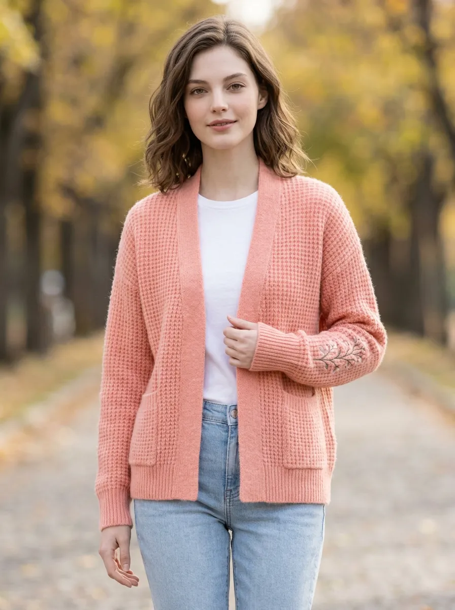 Women's Pink Waffle Knit Floral Sleeve Embroidered Cardigan