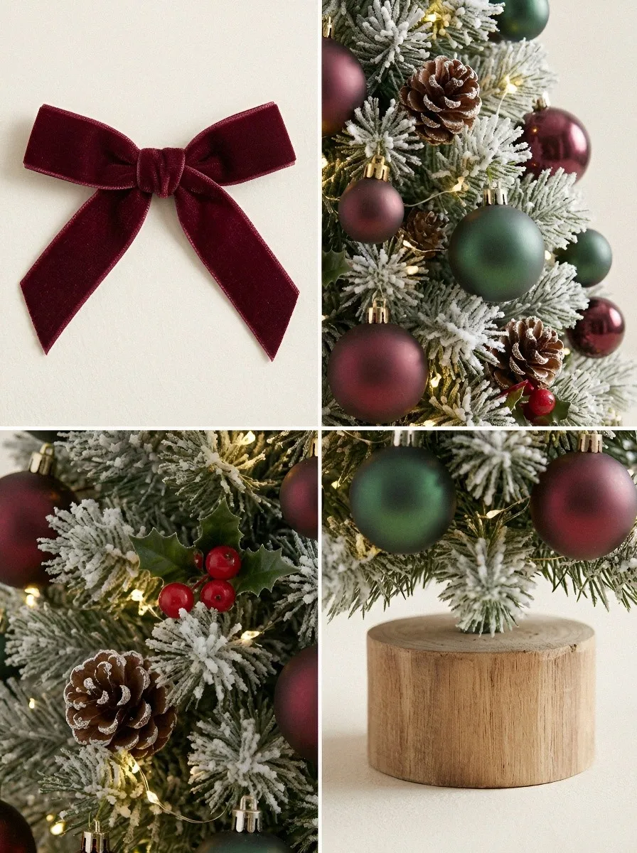 Christmas Burgundy Bow Pinecone Printed Tabletop Tree