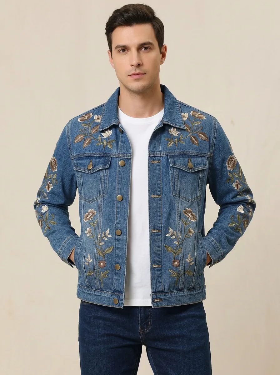Men's Floral Graphic Motif Vintage Inspired Denim Jacket