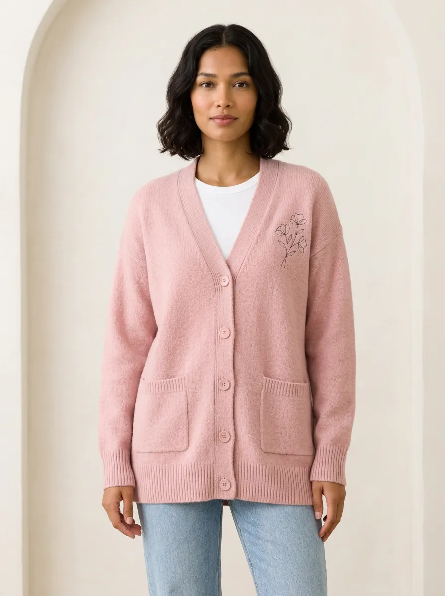 Women's Floral Lover Pink Minimalist Flower Printed Casual Cardigan