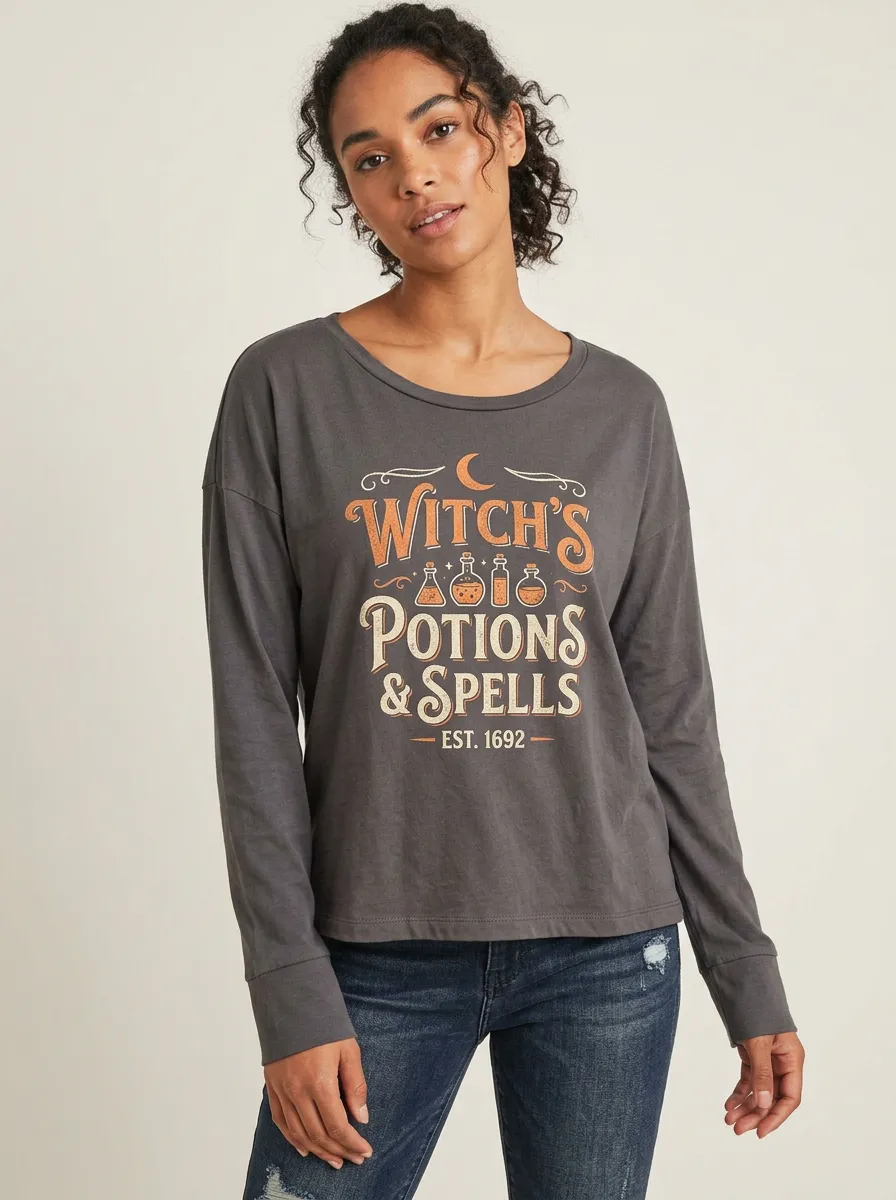 Women's Halloween Witch Potions Spells Graphic Printed Long Sleeve Top