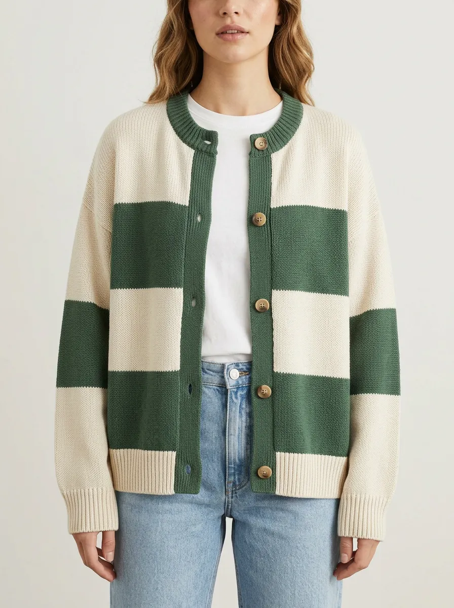 Classic Rugby Striped Button Front Knit Cardigan