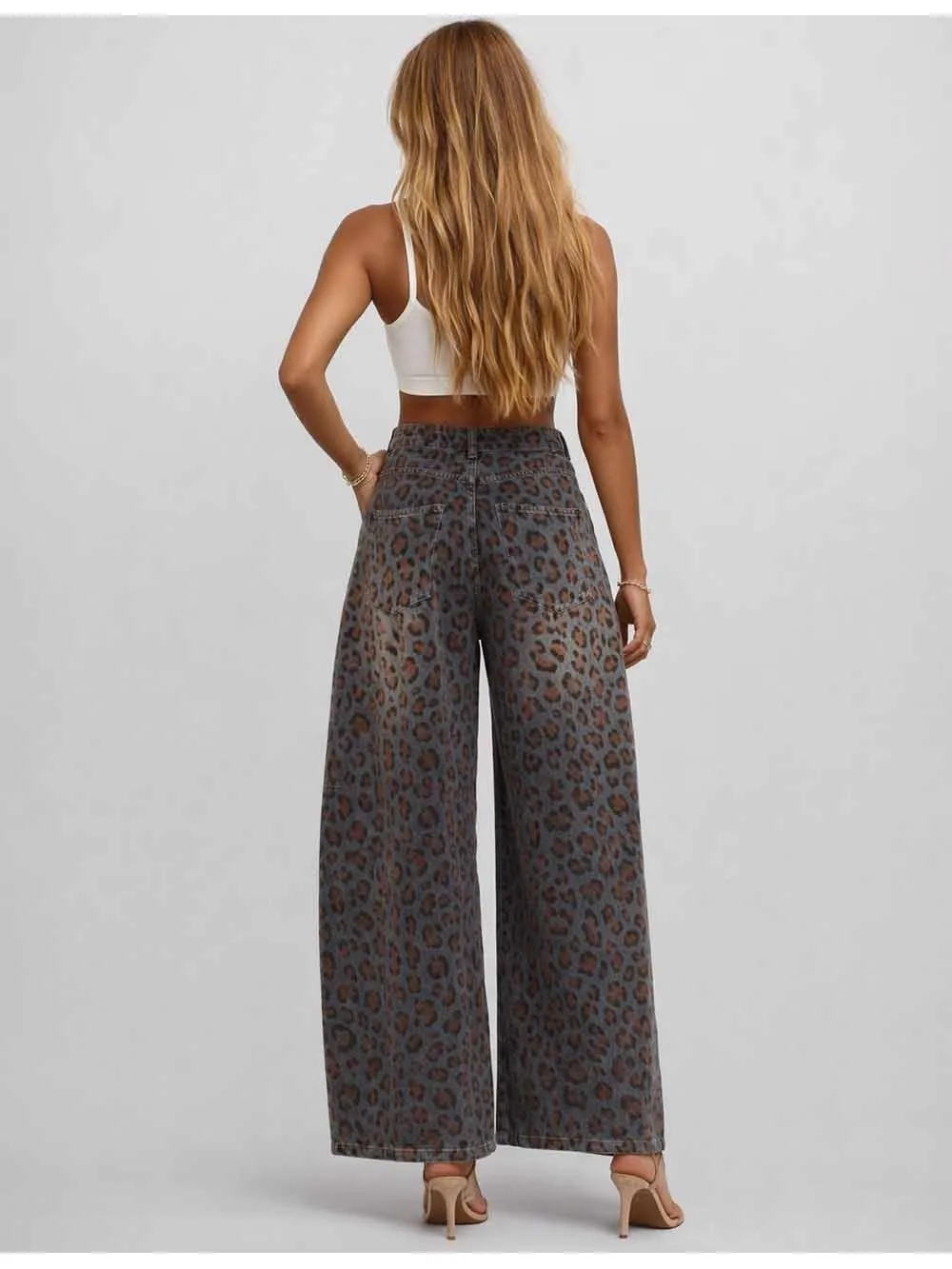 Jacquard Button Waist Barrel Leg Denim Pants