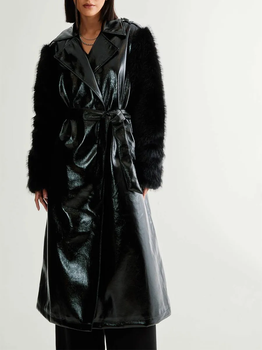 Women's Black Leather & Fuzzy-Paneled Long Coat