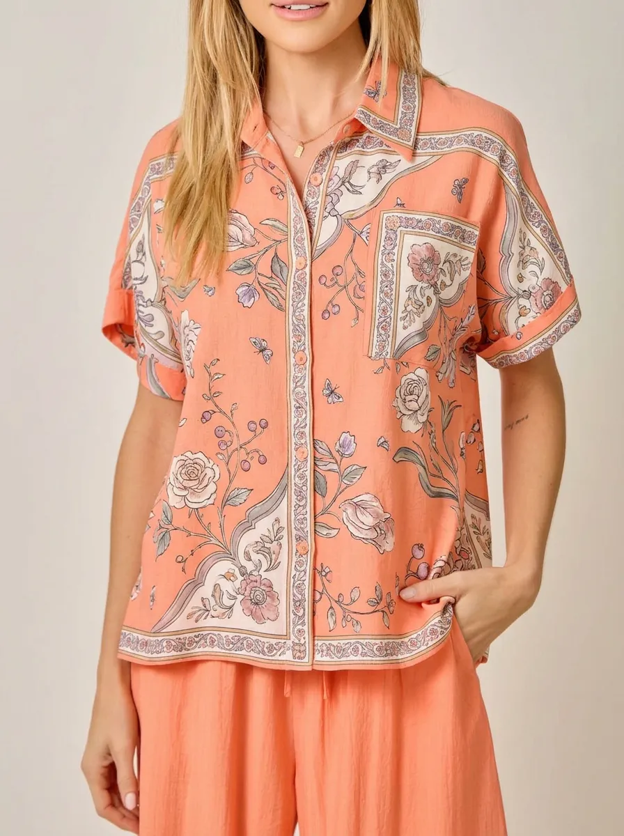 Women's Floral Butterfly Pattern Peach Printed Button-up Shirt