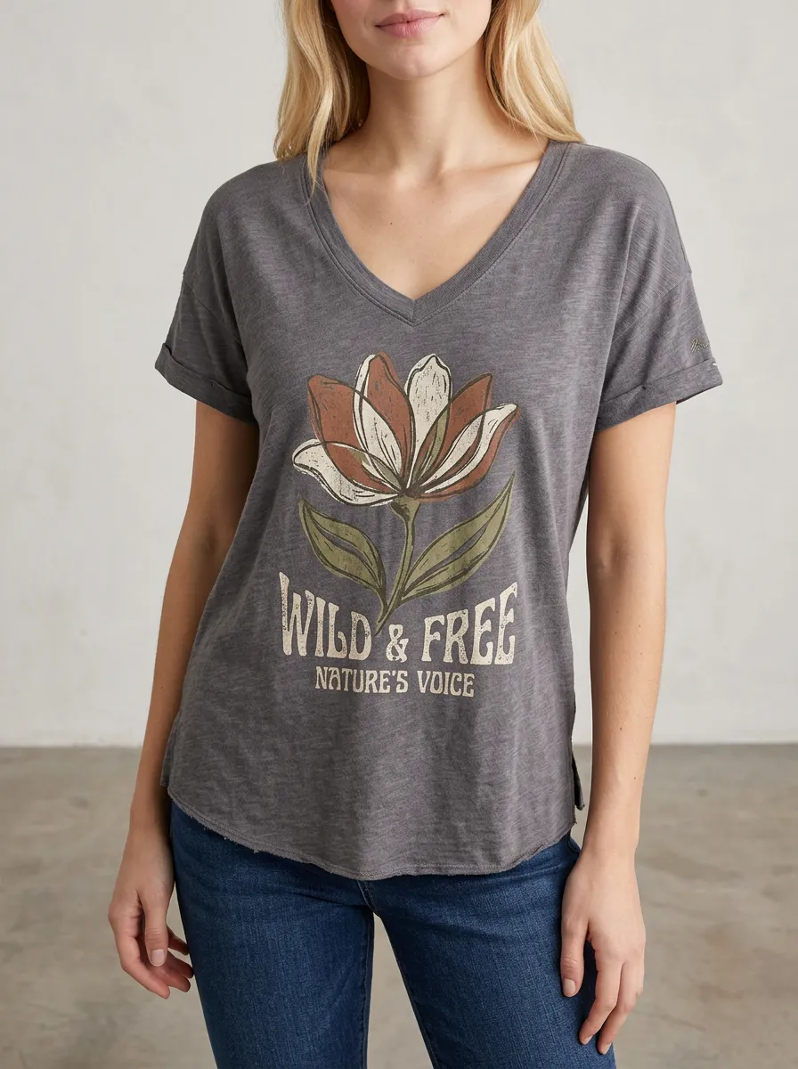 Women's Nature Lover Wild & Free Flower Printed V-Neck T-Shirt