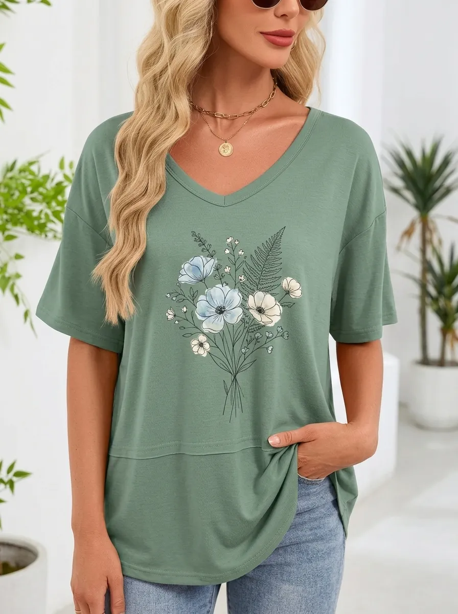 Women's Botanical Nature Bouquet Printed V-Neck T-Shirt