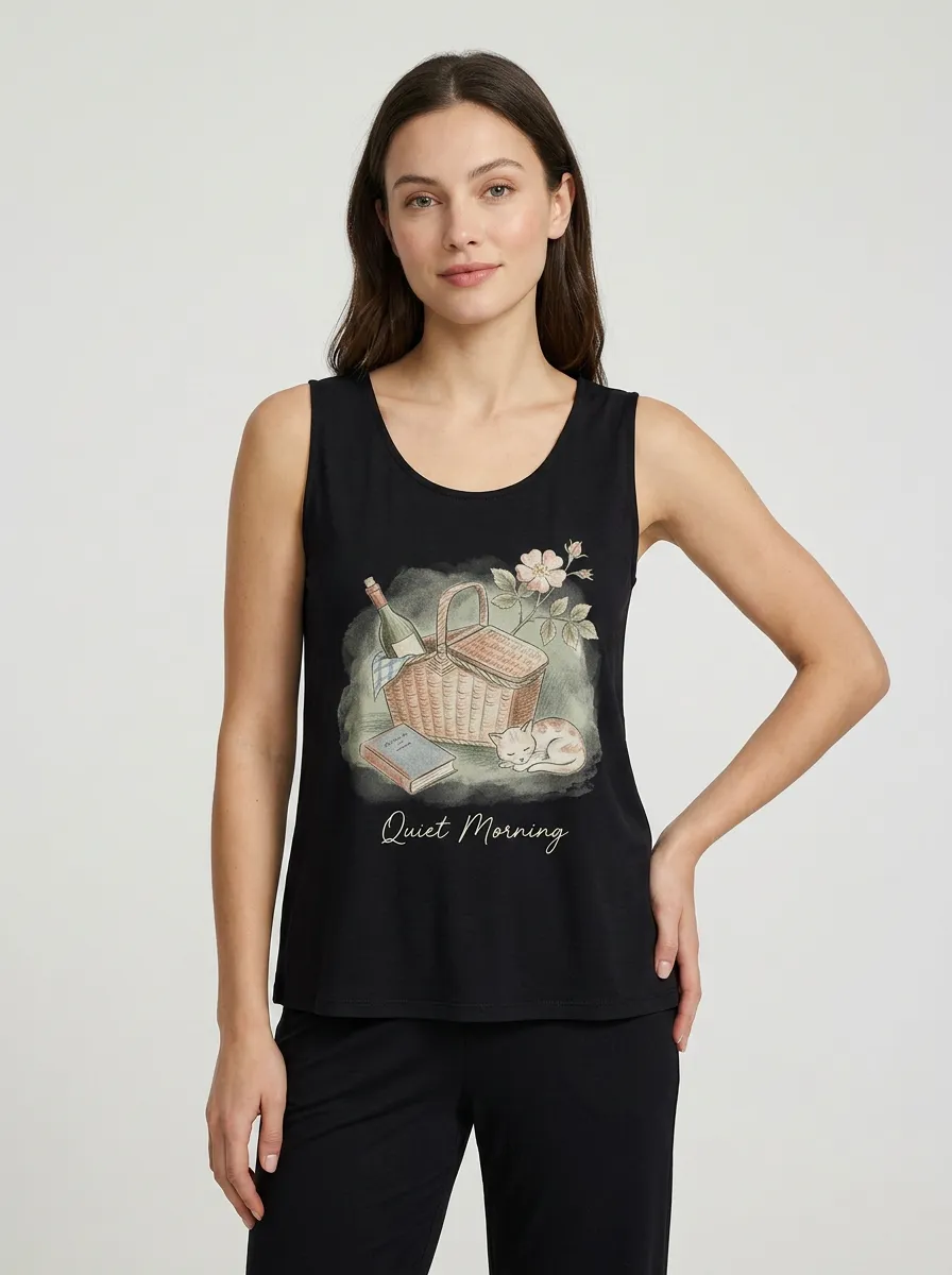 Women's Quiet Morning Picnic Cat Wine Printed Tank Top