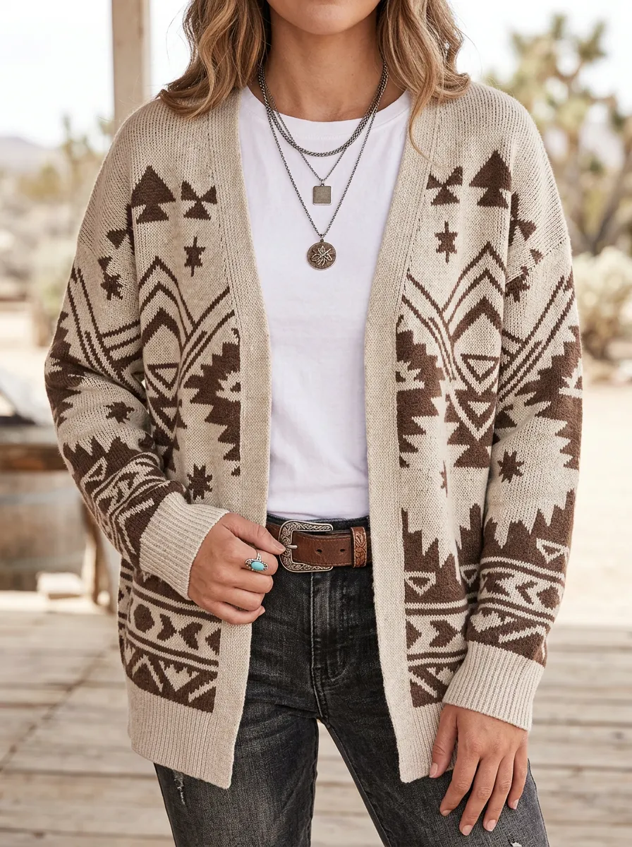 Women's Western Beige and Brown Geometric Pattern Open-Front Cardigan