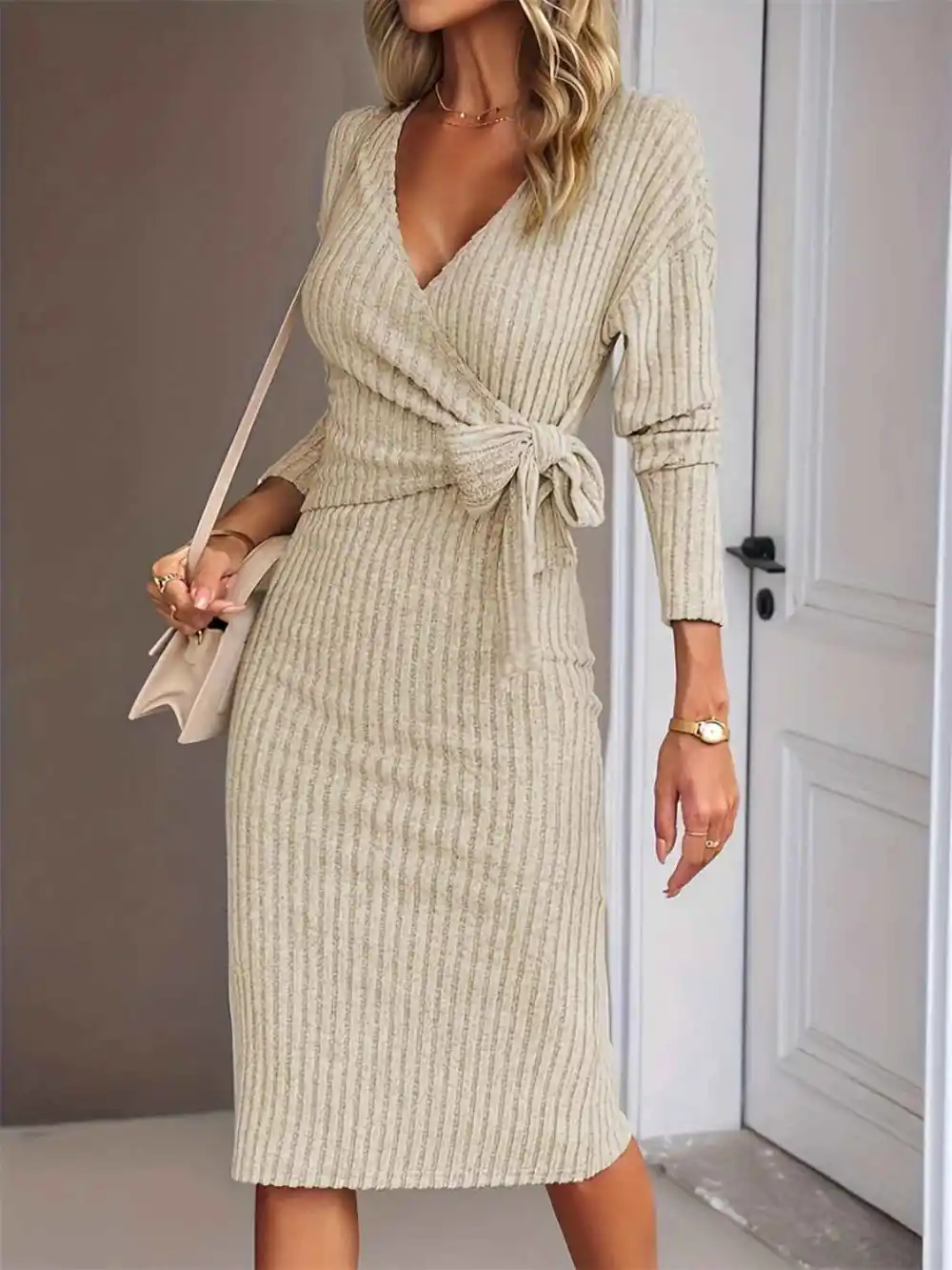 Slit Surplice Long Mini Dress