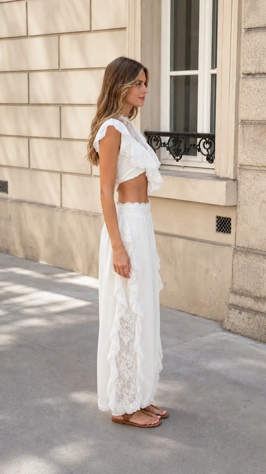Boho Lace Ruffle Two-Piece Crop Top and Wide Leg Pants Set