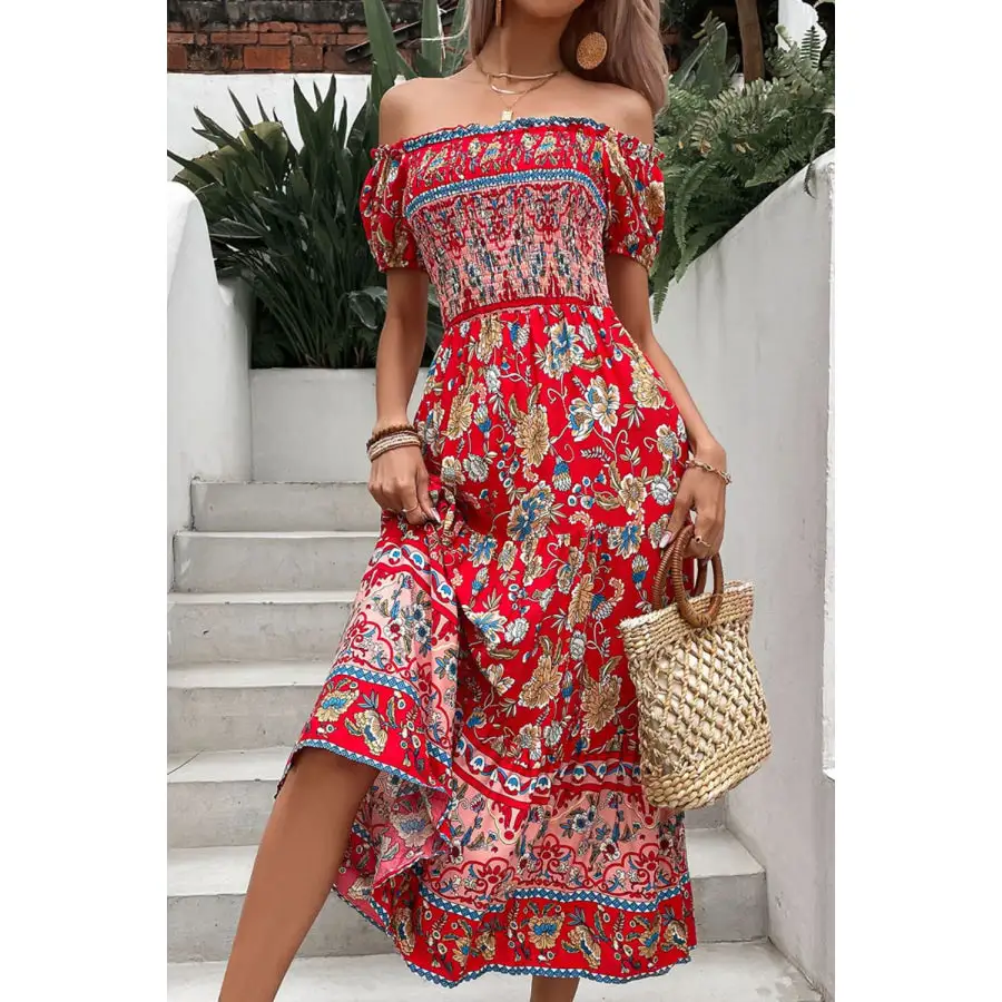 Off-Shoulder Smocked Midi Dress