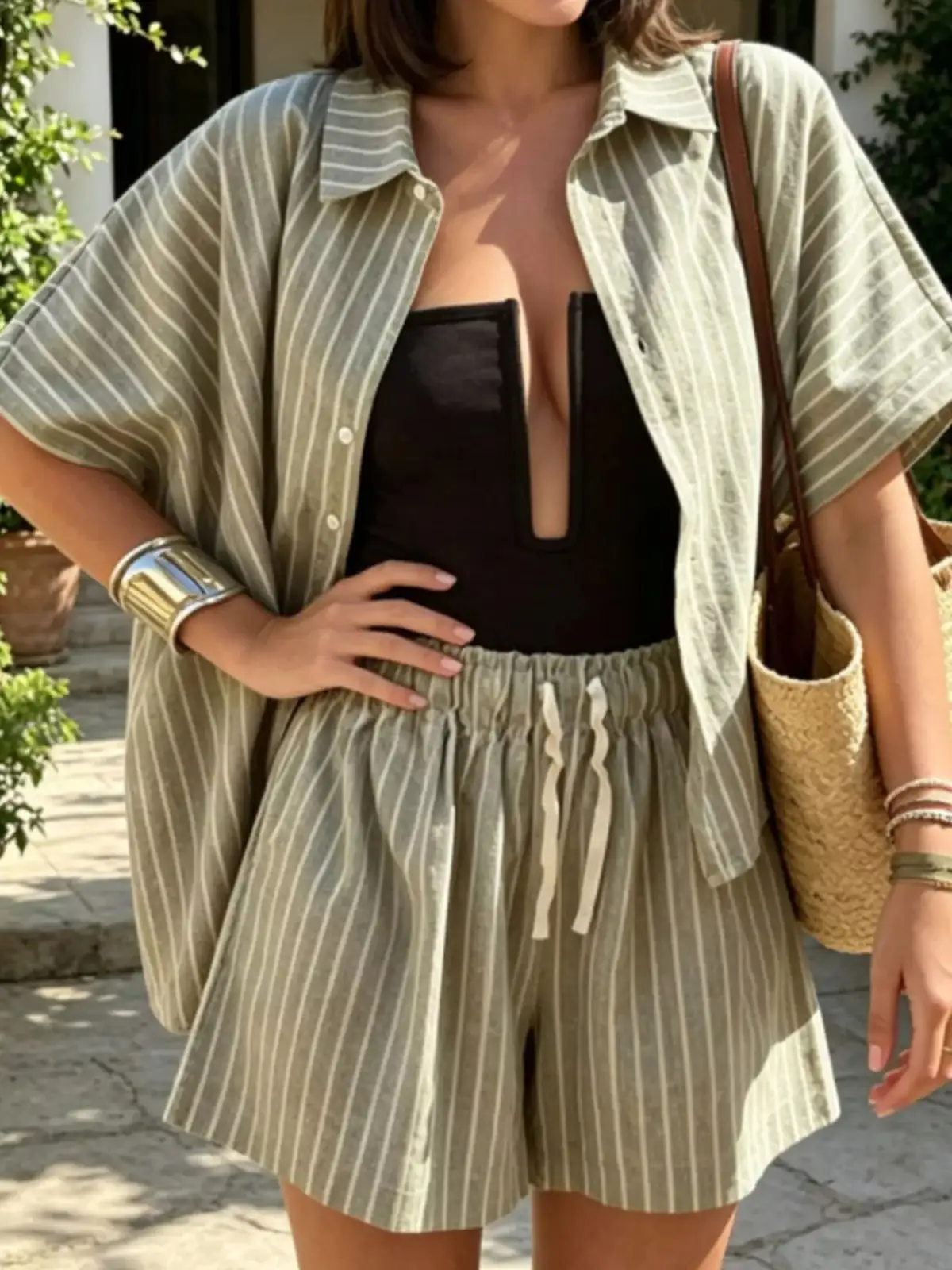 Drawstring Striped Shirt and Shorts Matching Set