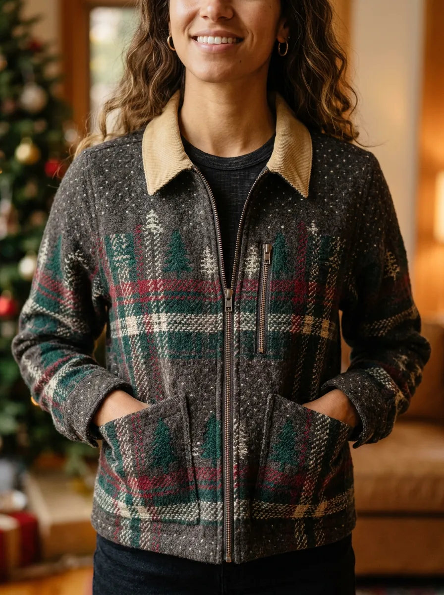 Christmas Holiday Pine Tree Plaid Print Jacket