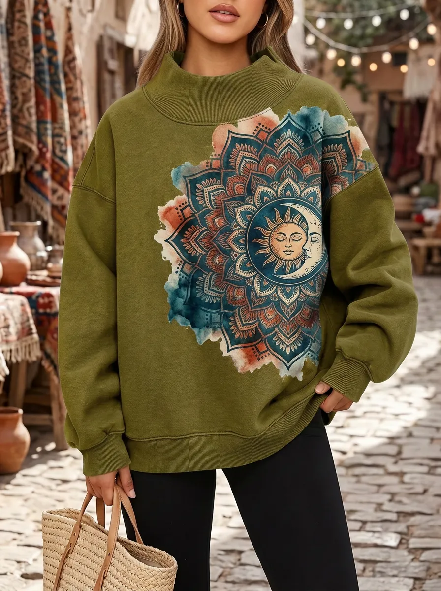 Boho Celestial Sun Moon Mandala Mock Neck Sweatshirt