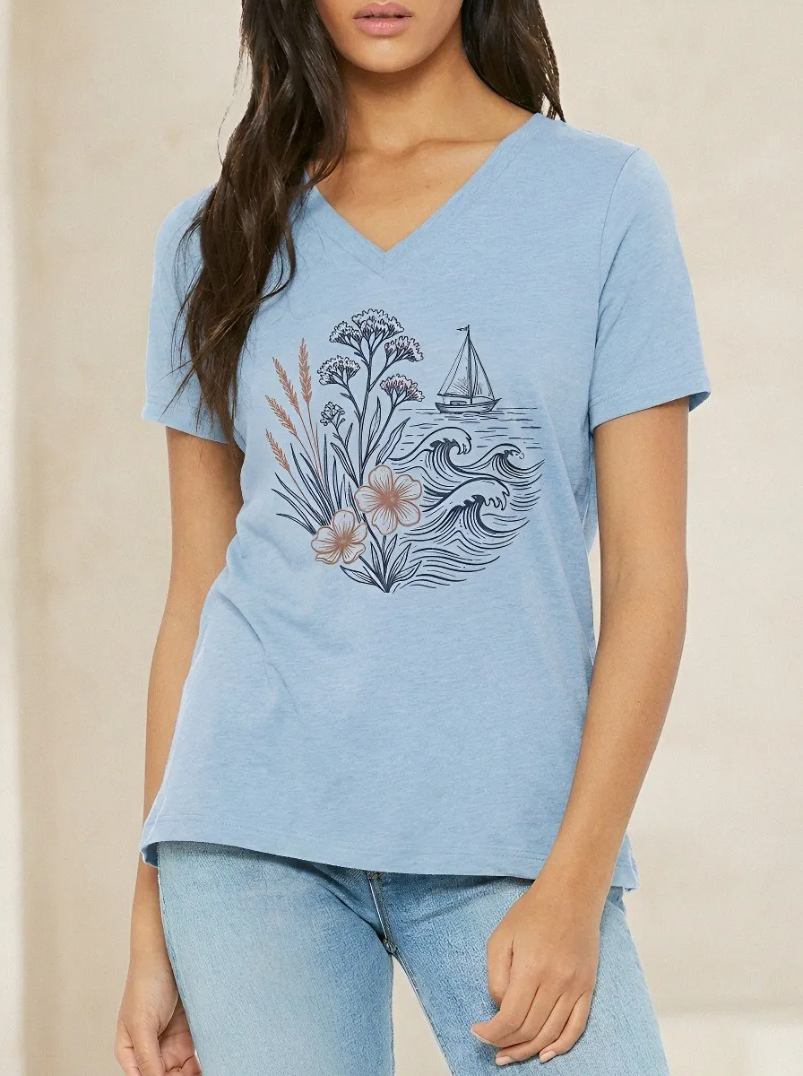Women's Nautical Floral Sailboat Ocean Wave Printed V-neck T-shirt