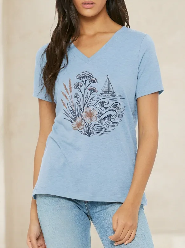 Women's Nautical Floral Sailboat Ocean Wave Printed V-neck T-shirt
