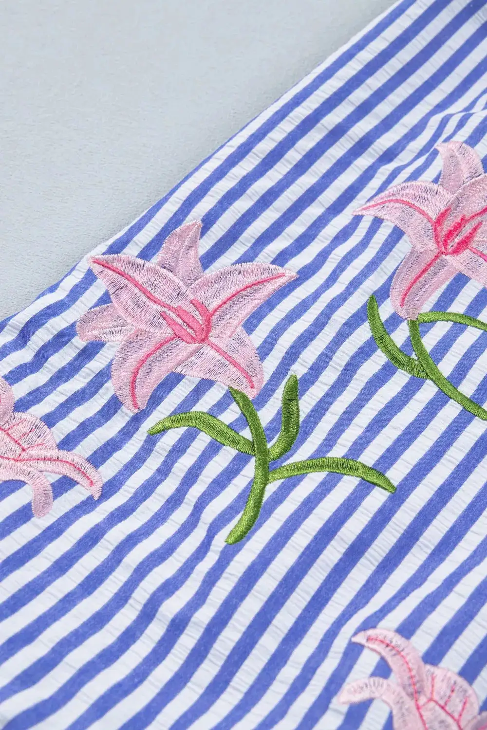 Striped Floral Embroidered Puff Sleeve Button Down