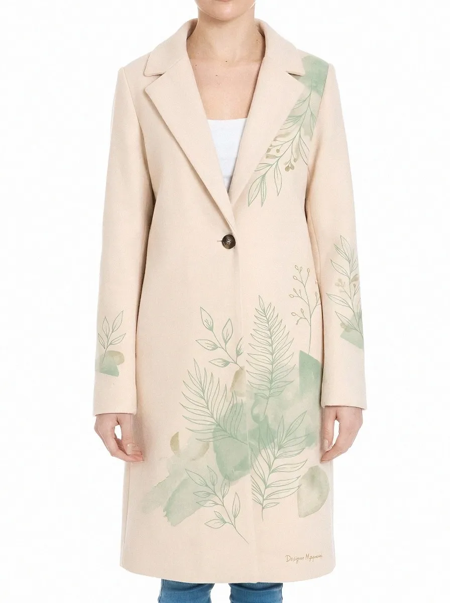Women's Botanical Nature Lover Fern Leaf Printed Wool Coat