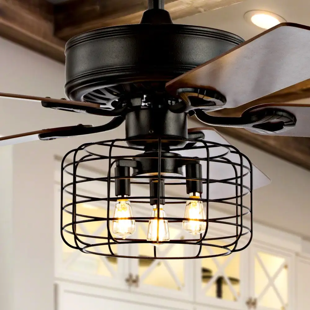 Triple-Light Industrial Metal/wood LED Ceiling Fan With Remote
