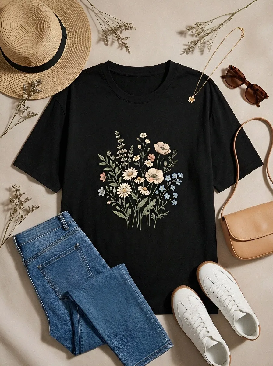 Women's Botanical Nature Lover Wildflower Bouquet Printed T-shirt