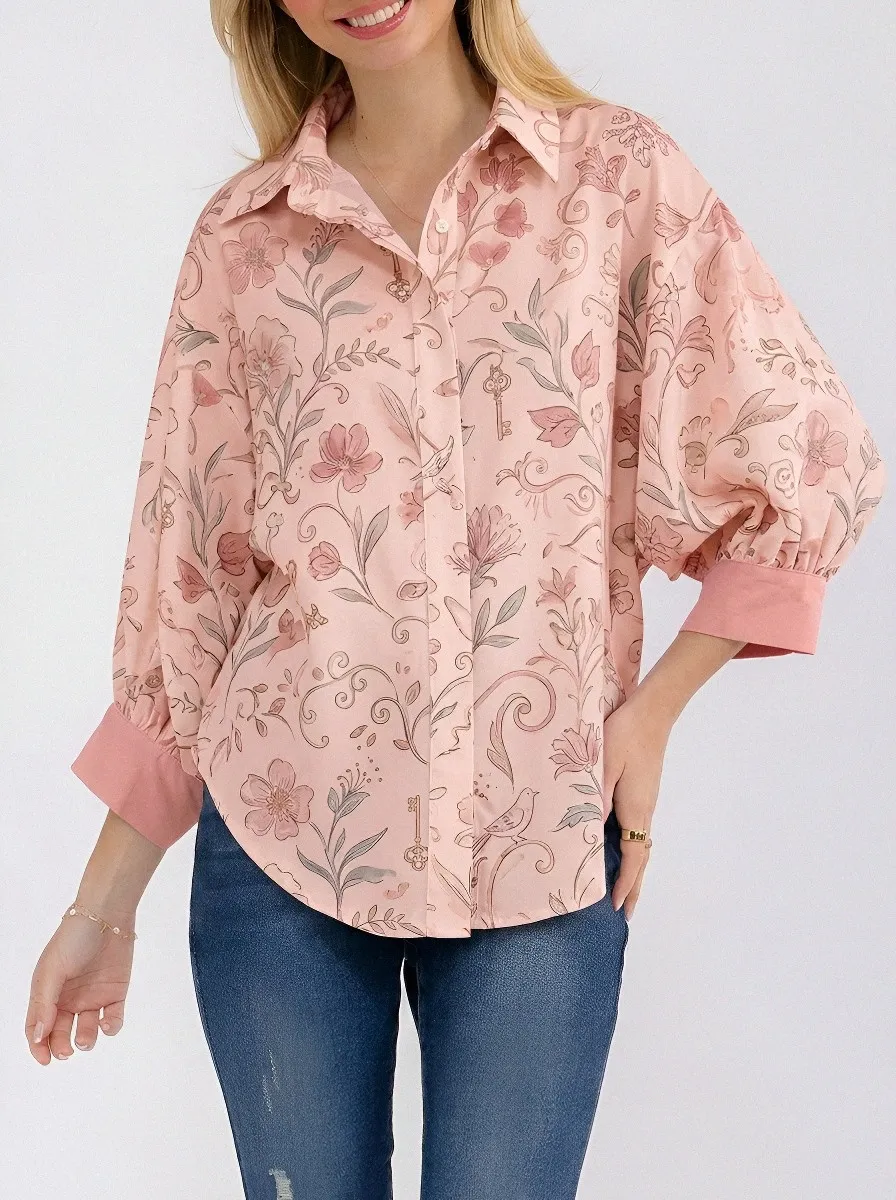 Women's Vintage Floral Key Bird Printed Button-up Shirt